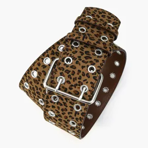 Retro leopard print punk double grommet belt for women stylish fashion waist coat accessory