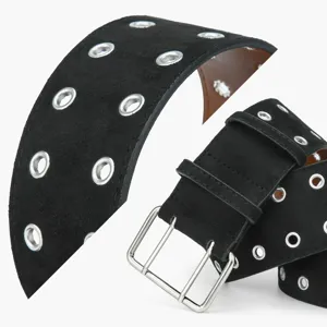 Punk style black wide grommet belt with double pin buckle, trendy waist accessory for women.