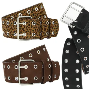 Retro leopard print punk wide belt with double-prong buckle and metal eyelets for women.