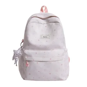 Cute star print canvas school backpack for teen girls large capacity student bookbag pink