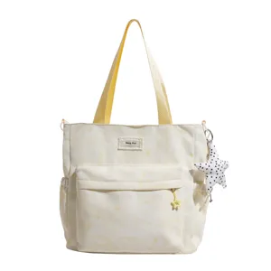Cute star print canvas tote bag, spacious casual shoulder bag for daily school use.