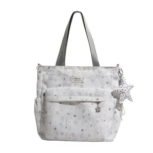 Grey star print canvas tote bag large capacity casual shoulder bag with front pocket