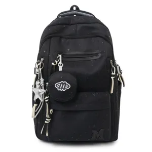 Elegante zaino nero con fantasia di stelle, design a scomparti multipli e grande capacità scolastica.