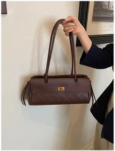 Brown PU leather shoulder bag for women, vintage quilted design with gold turn-lock closure.