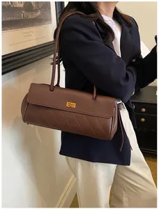 Brown lychee grain pu leather horizontal shoulder bag for women, retro style casual commuting tote.