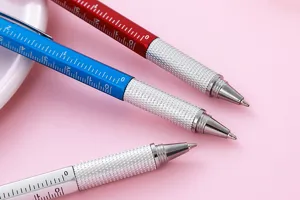 Multi-functional metal tool ballpoint pen with built-in scale ruler and comfortable knurled grip.