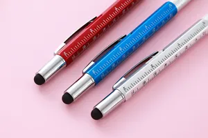 Multi-functional tool ballpoint pen with ruler, spirit level and capacitive stylus tip.