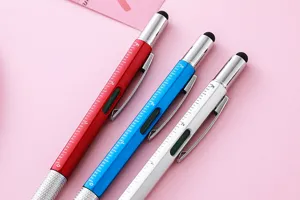 Multi-functional tool pen set with touch screen stylus, built-in ruler and level detail