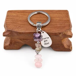 Porte-clé cristal naturel améthyste labradorite quartz rose et pendentif acier inoxydable.