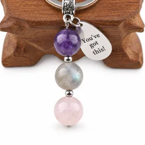 Porte-clés en cristal naturel avec améthyste labradorite quartz rose et étiquette