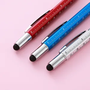 Multifunctional tool ballpoint pen with touch screen stylus, ruler scale, and metal pocket clip.