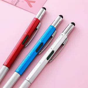 Multifunctional tool ballpoint pen with scale ruler, level, screwdriver and stylus.
