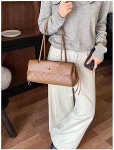 Vintage Brown Lychee Grain PU Leather Diamond Quilted Shoulder Bag for Women Casual Tote