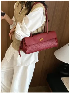 Red litchi grain PU leather shoulder bag for women, retro diamond quilted design.