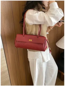 Red textured pu leather shoulder bag with gold turn lock stylish women casual crossbody handbag