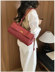 Red pu leather shoulder bag retro long flap tote casual commuter crossbody handbag for women