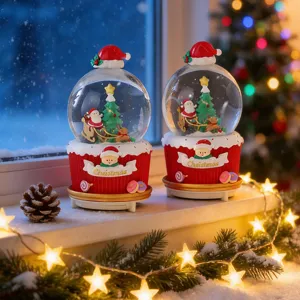 Christmas snow globe music box with auto snowing and colorful lights for holiday decor.