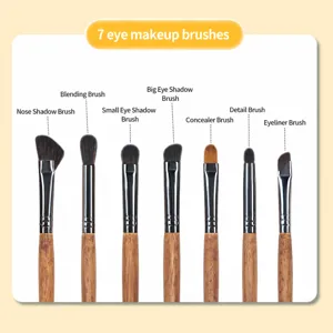 Detail view of 7 professional eye makeup brushes featuring wooden handles for precise eye makeup.
