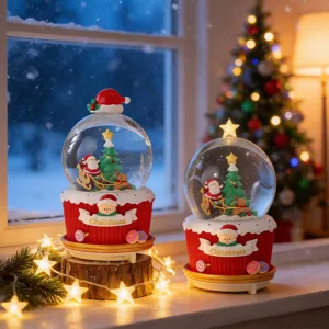 Christmas Crystal Ball Music Box with Colorful Lights Automatic Snow Globe Resin Desktop Decoration Gift for Holiday Party