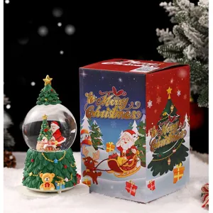 Christmas tree snow globe music box with Santa Claus figure, glowing holiday home decor gift box.