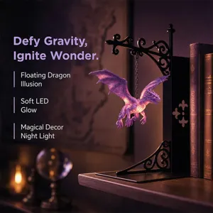 Detailansicht der magischen Drachen-Regallampe mit sanftem LED-Leuchten und schwebender Illusion.