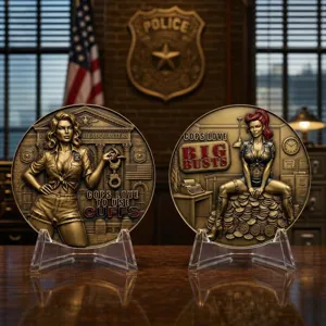 Metal police challenge coin set with unique pinup officer embossed design and fun tactical text.