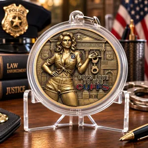 Detailed view of a unique police challenge coin featuring a vintage pin-up officer and handcuffs design.
