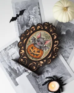 Cadre photo creux en bois d'Halloween avec point de croix citrouille chauve-souris détail