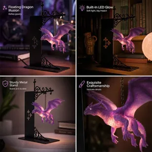 Dekorative Drachen Regallampe mit LED Beleuchtung und stabilem Metallstand fuer Buchregal.