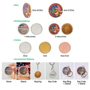 Detailed product specification infographic showing commemorative coin sizes, colors, and accessories.