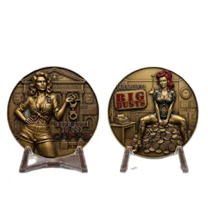 Collectible bronze challenge coin featuring detailed police pinup officer relief design and funny text.