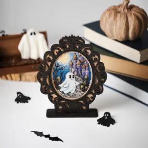 Décoration de bureau cadre photo creux en bois Halloween avec broderie fantôme.
