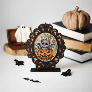 Halloween cadre photo en bois creux ornement avec citrouille chauve-souris broderie