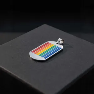 Collier avec pendentif plaque d'identification arc-en-ciel en acier inoxydable pour hommes