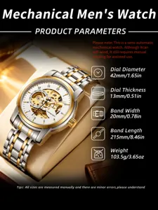Men's automatic mechanical skeleton watch with two-tone steel bracelet and 42mm dial.