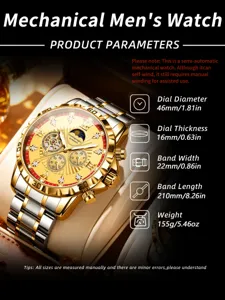 Men's automatic mechanical watch with gold dial, stylish luxury design and metal bracelet.