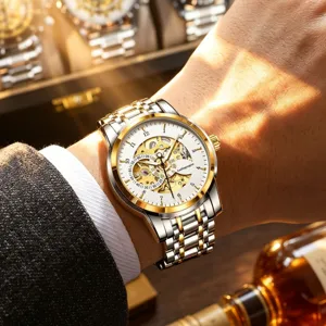 Luxury automatic mechanical watch for men with gold silver strap and skeleton dial.