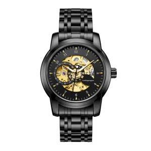 Men's automatic mechanical watch with black steel bracelet and gold skeleton dial design.