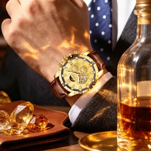 Men's Luxury Automatic Mechanical Watch Moon Phase Skeleton Dial Waterproof Business Wristwatch Leather Stainless Steel Strap