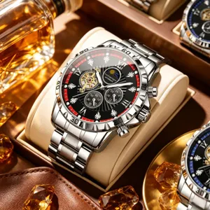 Men's automatic mechanical watch with luminous hands, skeleton dial and durable stainless steel strap.