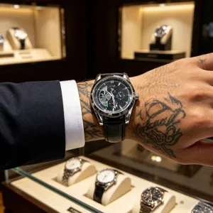 Men's automatic mechanical watch with moon phase and leather strap for luxury business.