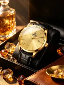 Vue rapprochée détaillée de la montre mécanique automatique à cadran doré luxueux avec bracelet.