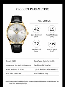 Montre mécanique pour homme ZNIDS avec bracelet en cuir, verre saphir et boîtier de 42mm.