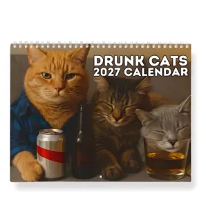 Funny drunk cats 2027 wall calendar, cute cat expressions novelty gift for pet lovers.