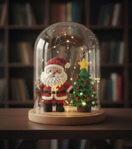 Poupée crochetée de Père Noël avec sapin de Noël sous cloche en verre et lumières.