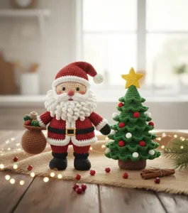 Ensemble de poupée Père Noël et sapin de Noël au crochet fait main, déco de table idéale.