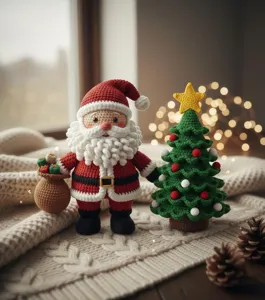 Ensemble crocheté à la main de Père Noël et sapin, décoration de bureau de fête chaleureuse.