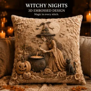 Housse de coussin Halloween sorciere avec embossage 3D decorative pour canape de fete.