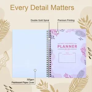 3-Year Monthly Planner A5 Spiral Notebook with 300gsm Pearlescent Cover and Gold Spiral.