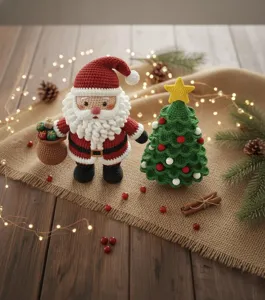 Ensemble poupée Père Noël et sapin de Noël au crochet fait main pour décoration de fête